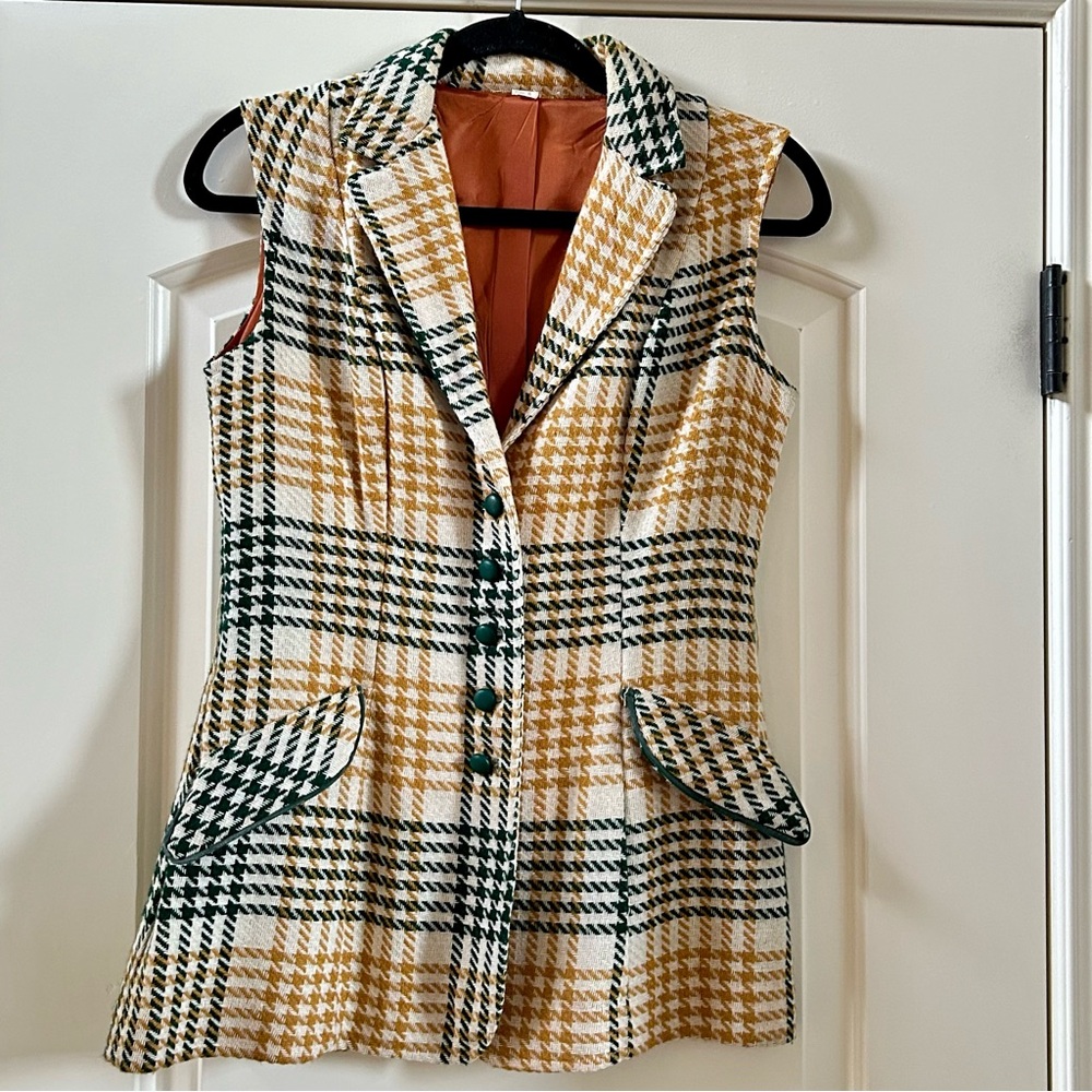 Vintage 70s | 80s Yellow and Green Plaid Houndstooth fitted vest Sz. 8
